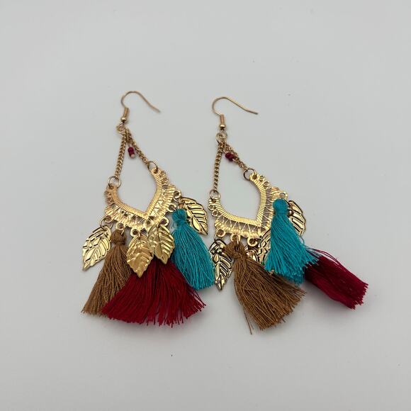 Handmade Multi-colored Tassel Gold Leaf Hook Earrings - Picture 2 of 6